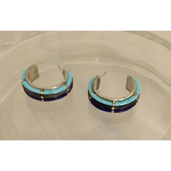 Vintage Navajo Inlay Turquoise/Lapis/Onyx Sterling Silver 3/4 Hoop Post Earrings - Picture 4 of 6